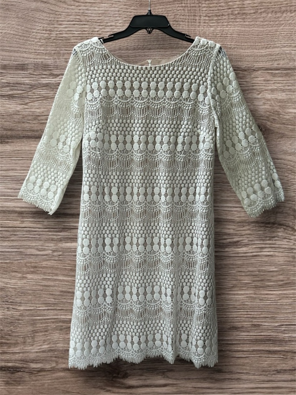 NWT Ronni Nicole Ivory Nude Crochet Lace Shift Dress 3/4 Sleeve Party Size 12 - Picture 2 of 14